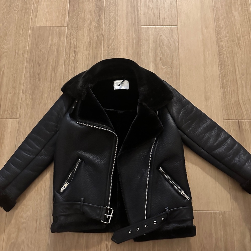 Black Leather Jacket with Fur Collar